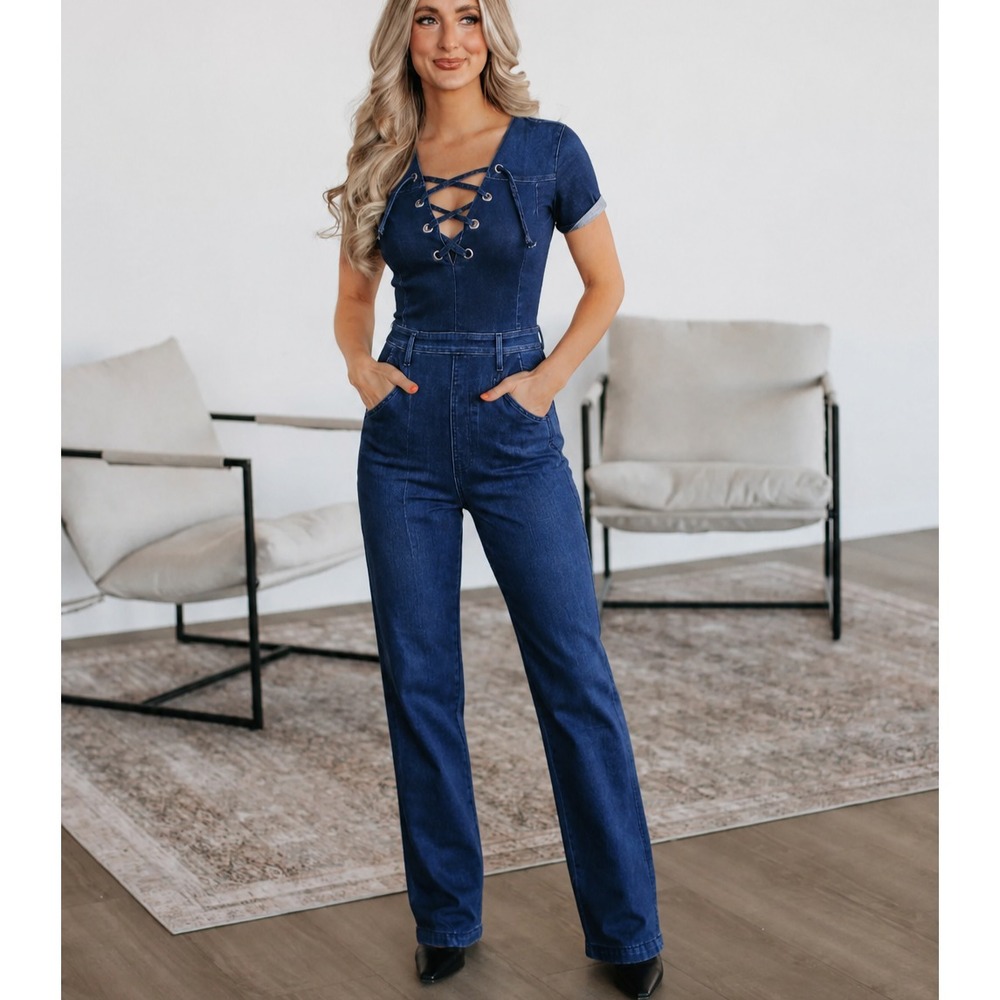 Frame‎ Denim Jumpsuit XS Flare Leg Lace Up Short Sleeve Dark Wash Stretch